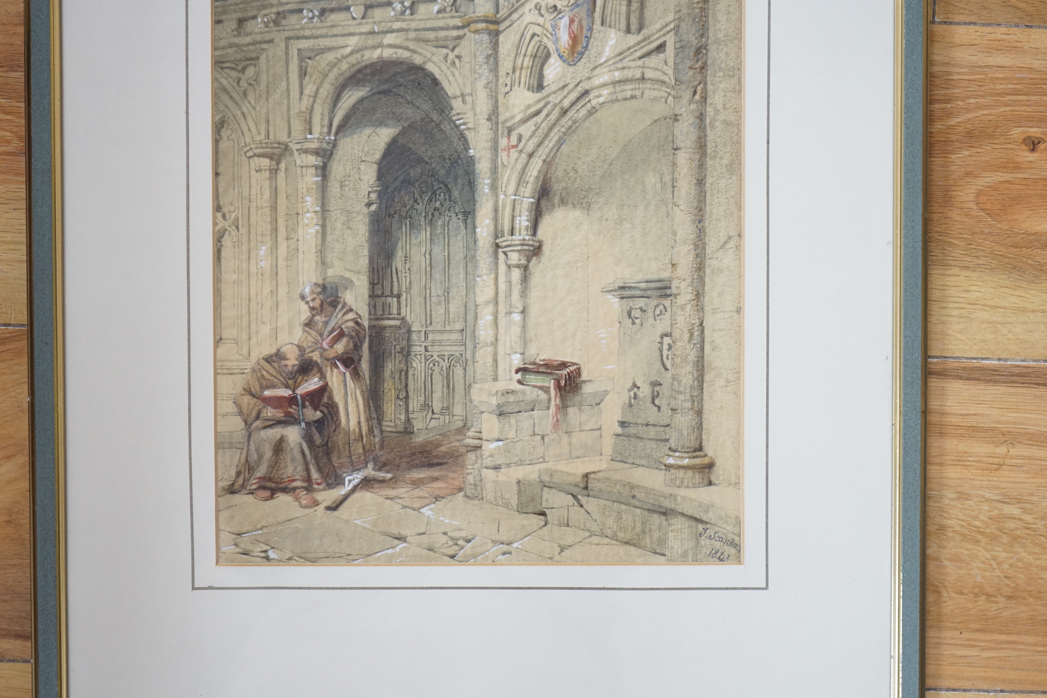 Thomas Scandrett (1797-1870), heightened watercolour, Two monks in an ecclesiastical setting, signed and dated 1843, 34 x 24cm